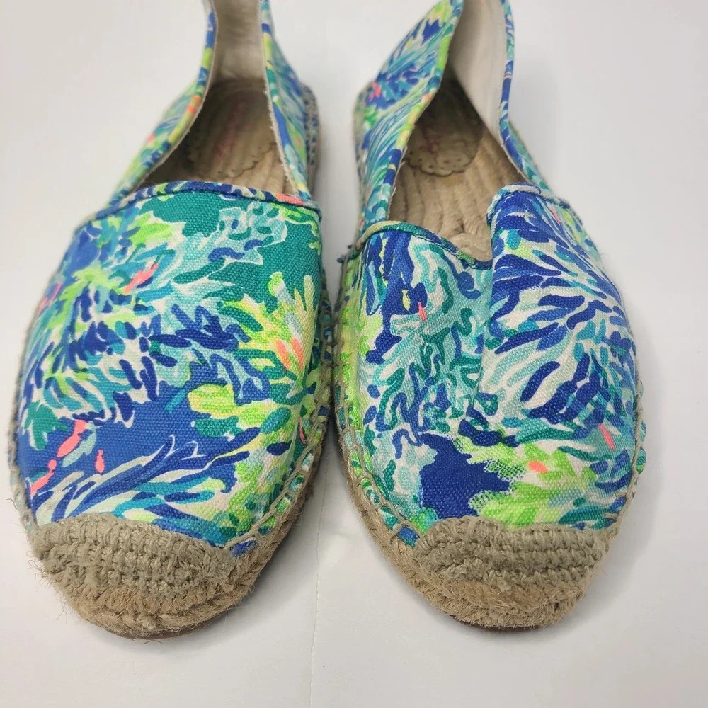 LILLY PULITZER Lia Espadrille Flats Wade and Sea Blue Green Floral Slip On Sz 9
